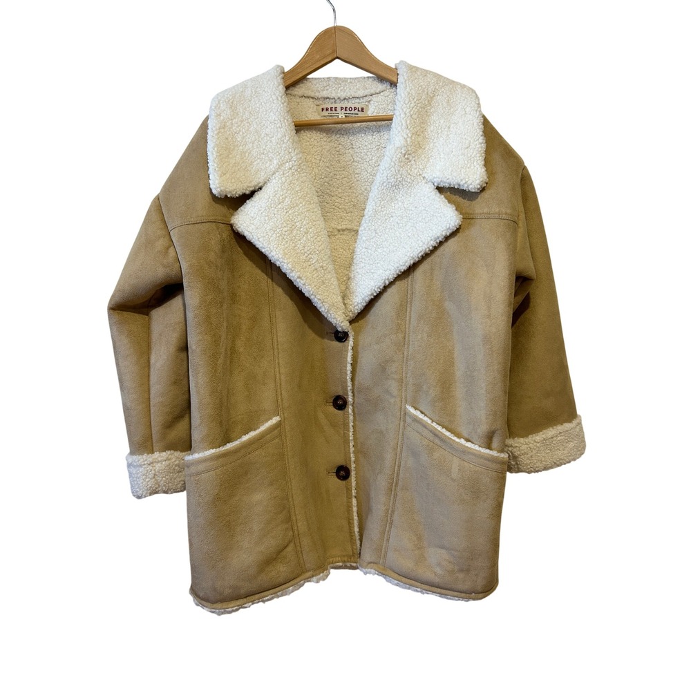 Free People Diogo Jacket Sz M Tan Faux Suede Sherpa Jacket Oversized Boho Winter
